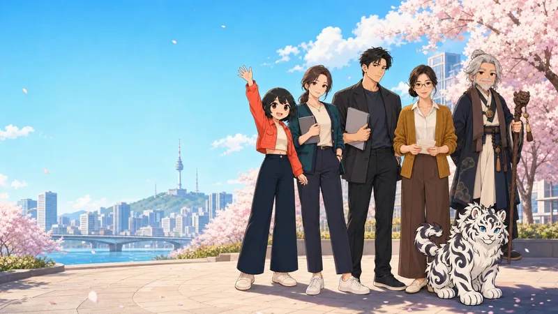 Illustration from Jinjja World: five characters and a white tiger under cherry trees, with Seoul and the Han River behind them